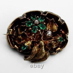 Victorian Brooch Floral Bird Motif Diamonds Emeralds Yellow Gold