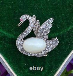 Victorian Rose Cut Diamond and Pearl Silver Gold Swan Brooch, Romantic Bird Pin
