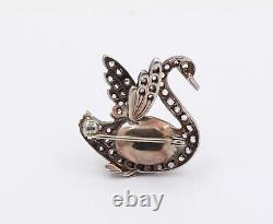 Victorian Rose Cut Diamond and Pearl Silver Gold Swan Brooch, Romantic Bird Pin