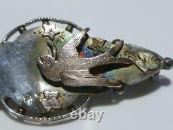 Victorian Sterling Silver 10k Gold Leafy Bird Womens Estate Brooch Pin 1 7/8