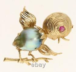 Vintage. 05CT Ruby Mabe Pearl Bird Chick Pin Brooch 1 5/8 14K YG