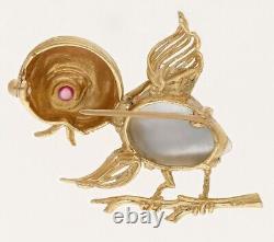 Vintage. 05CT Ruby Mabe Pearl Bird Chick Pin Brooch 1 5/8 14K YG