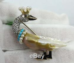 Vintage 0.75ct Diamond Pearl Turquoise & Enamel 18K Gold Crown Swan Bird Brooch