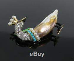 Vintage 0.75ct Diamond Pearl Turquoise & Enamel 18K Gold Crown Swan Bird Brooch