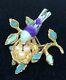 Vintage 10k Solid Yellow Gold Painted Bird Turquoise Pearls Bird Nest Pin Brooch