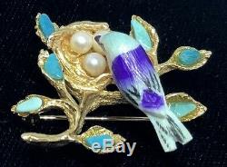Vintage 10k Solid Yellow Gold Painted Bird Turquoise Pearls Bird Nest Pin Brooch