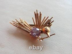 Vintage 14K Amethyst Pearl Diamond Bird Pin Brooch