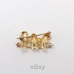 Vintage 14K Gold 3 Chickadee Birds On Branch Garnet Eyes Brooch Pin