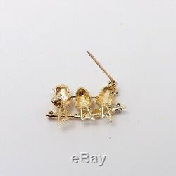 Vintage 14K Gold 3 Chickadee Birds On Branch Garnet Eyes Brooch Pin