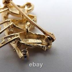 Vintage 14K Gold 3 Chickadee Birds On Branch Gemstone Eyes Brooch Pin
