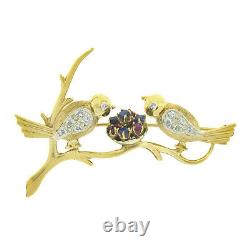 Vintage 14K Gold Diamond Ruby & Sapphire Love Birds with Nest on Branch Pin Brooch