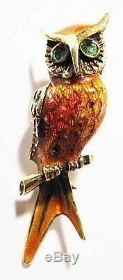Vintage 14K Gold & Enamel Owl Pin Fab Color Combo Detailed Bird Brooch HOOT