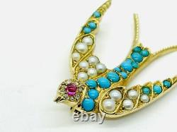 Vintage 14K Gold Turquoise Pearl Ruby Rose Cut Diamond Swallow Bird Pin Brooch