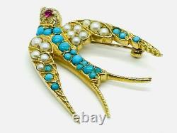 Vintage 14K Gold Turquoise Pearl Ruby Rose Cut Diamond Swallow Bird Pin Brooch