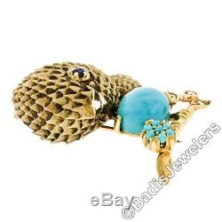 Vintage 14K Gold Turquoise Sapphire Diamond Textured Cone Head Baby Bird Brooch
