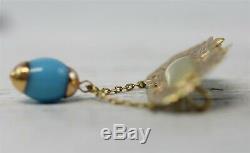 Vintage 14K Rose Yellow Gold Art Glass Birds Flower Brooch Pin Dangle Luxury