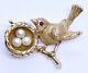 Vintage 14k Solid Yellow Gold Round Ruby & Pearl Sparrow Bird & Nest Brooch Pin