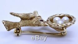 Vintage 14K Solid Yellow Gold Round Ruby & Pearl Sparrow Bird & Nest Brooch Pin