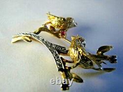 Vintage 14K Song Birds Pin Brooch Yellow & White Gold with Diamonds & Amethyst