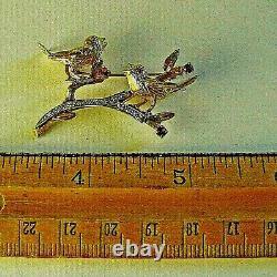 Vintage 14K Song Birds Pin Brooch Yellow & White Gold with Diamonds & Amethyst
