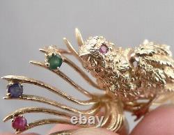 Vintage 14K Yellow GOLD Figural BIRD on Branch Pin Brooch Gemstones 12.4 Grams