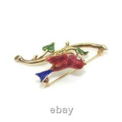 Vintage 14K Yellow Gold Enamel Cardinal Bird Diamond Pin Brooch