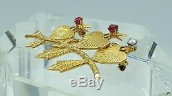 Vintage 14K Yellow Gold Heart Birds On Branch withRubies & Diamond Brooch
