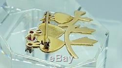 Vintage 14K Yellow Gold Heart Birds On Branch withRubies & Diamond Brooch