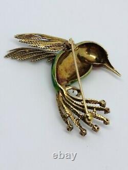 Vintage 14K Yellow Gold Hummingbird Enamel & Garnet Brooch Pin MSRP $2,375