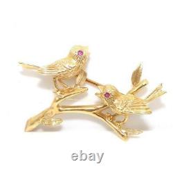 Vintage 14K Yellow Gold Pink Ruby Perched Robin Bird Pin Brooch