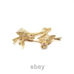 Vintage 14K Yellow Gold Pink Ruby Perched Robin Bird Pin Brooch
