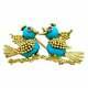 Vintage 14k Yellow Gold Turquoise And Ruby Love Birds Brooch