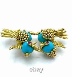 Vintage 14K Yellow Gold Turquoise and Ruby Love Birds Brooch