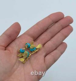 Vintage 14K Yellow Gold Turquoise and Ruby Love Birds Brooch