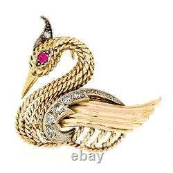 Vintage 14k Gold 0.28ctw Round Diamond Twisted Wire Bird Swan Brooch Pin Pendant