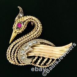 Vintage 14k Gold 0.28ctw Round Diamond Twisted Wire Bird Swan Brooch Pin Pendant
