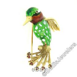 Vintage 14k Gold 0.30ct Garnet Detailed Humming Bird Green Red Enamel Pin Brooch