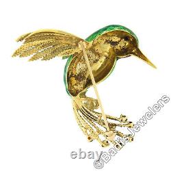 Vintage 14k Gold 0.30ct Garnet Detailed Humming Bird Green Red Enamel Pin Brooch