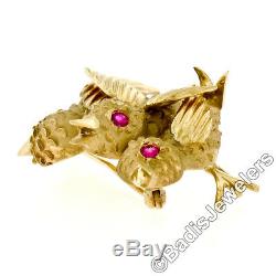 Vintage 14k Gold. 20ctw Ruby Textured Detailed 3 Birds on Tree Branch Pin Brooch