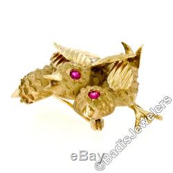 Vintage 14k Gold. 20ctw Ruby Textured Detailed 3 Birds on Tree Branch Pin Brooch