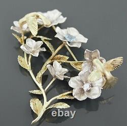 Vintage 14k Gold 2 Tone Hummingbirds Moving and Flowers Brooch