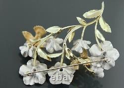 Vintage 14k Gold 2 Tone Hummingbirds Moving and Flowers Brooch