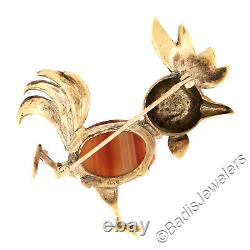Vintage 14k Gold Banded Agate & Multicolor Enamel Running Rooster Pin Brooch