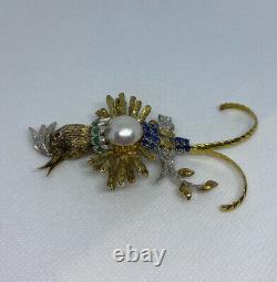 Vintage 14k Gold Made Pearl Bird Brooch with Ruby/Emerald/Sapphire & Diamond