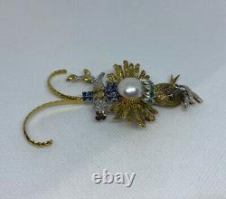 Vintage 14k Gold Made Pearl Bird Brooch with Ruby/Emerald/Sapphire & Diamond