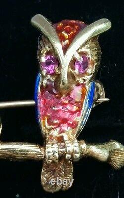 Vintage 14k Gold Opal Ruby Enamel Owl Bird Brooch-Estate Jewelry F & F Felger 6g