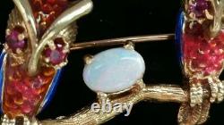 Vintage 14k Gold Opal Ruby Enamel Owl Bird Brooch-Estate Jewelry F & F Felger 6g