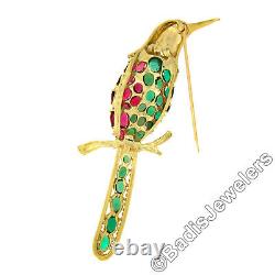 Vintage 14k Gold Oval Red & Green Stone Large Detailed Humming Bird Pin Brooch