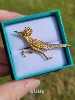 Vintage 14k Gold Roadrunner Road Runner Brooch with Ruby Eyes 4.5 Grams 2