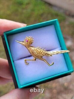 Vintage 14k Gold Roadrunner Road Runner Brooch with Ruby Eyes 4.5 Grams 2